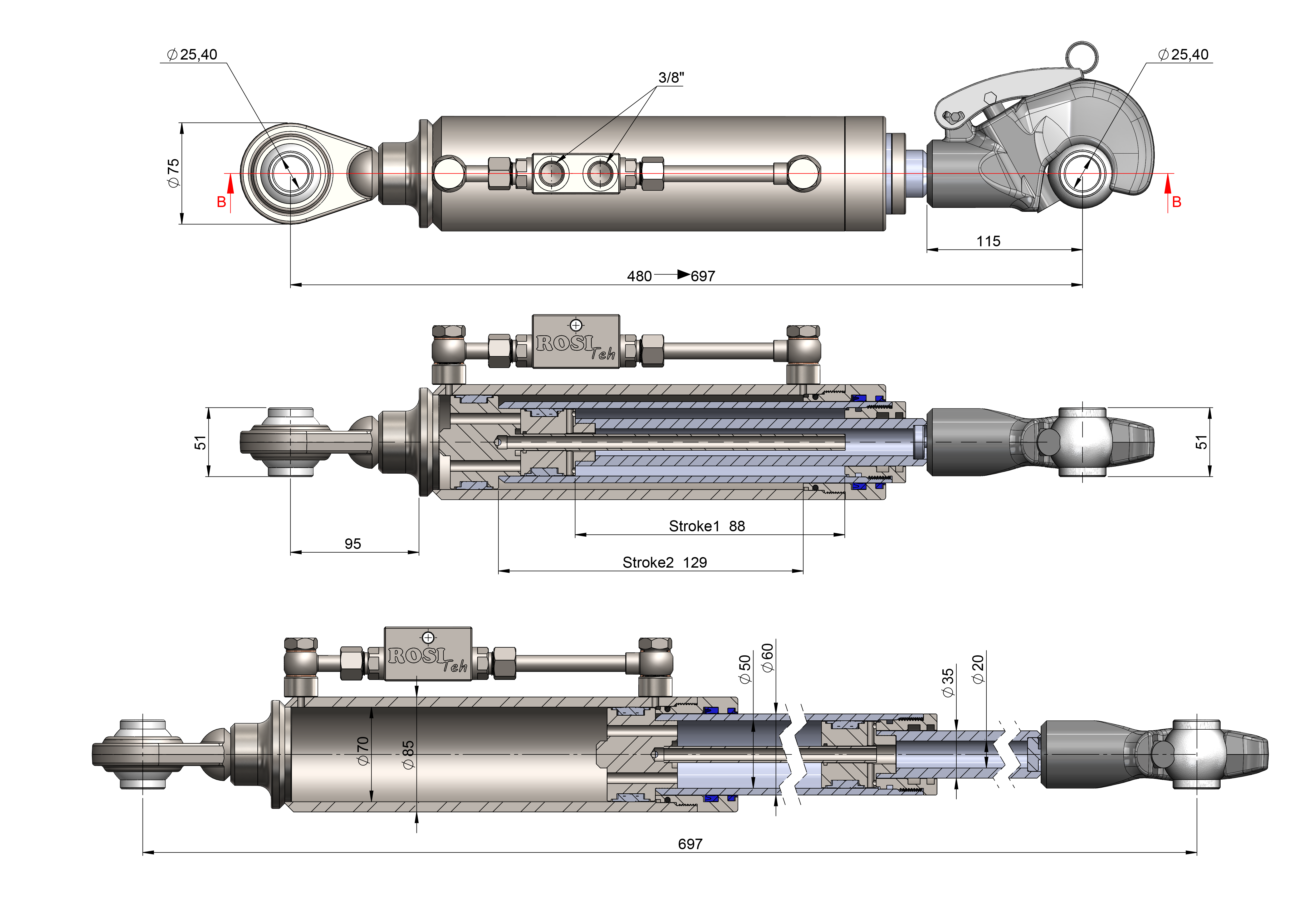 CAT. 2 telescopic hydraulic top link dimensions